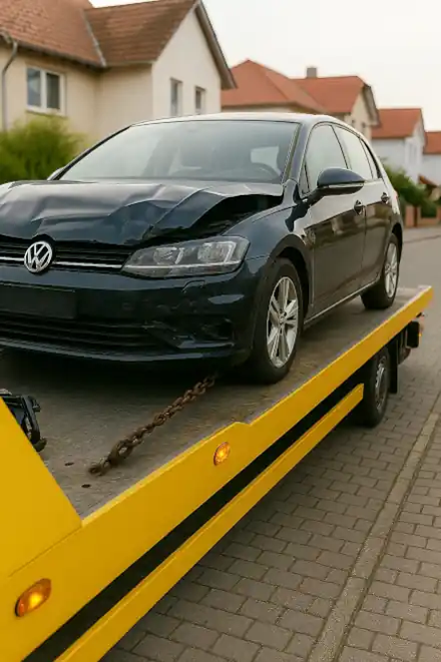 Defektes Auto wird zum Autoankauf in Lampertheim abgeschleppt, um Chancen auf einen fairen Verkaufspreis zu erhalten.
